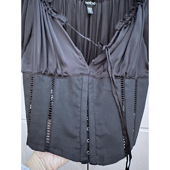 Bebe Black Silk Linen Corset Top Off The Shoulder Y2K Milkmaid Coquette Sz 4 - Picture 13 of 15